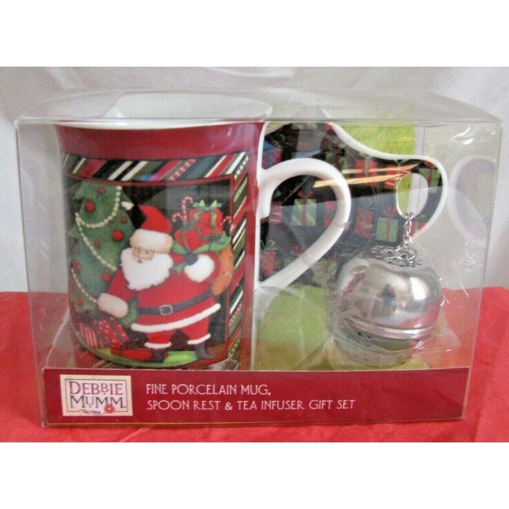 Debbie Mumm Santa Claus Fine Porcelain Mug Spoon Rest & Tea Infuser Gift set NEW
